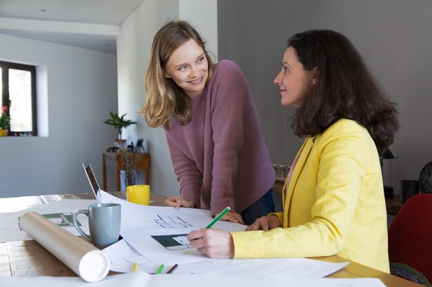 Architect discussing house design with smiling female client