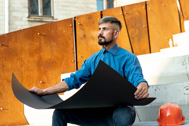 Free photo architect sitting and holding blueprints