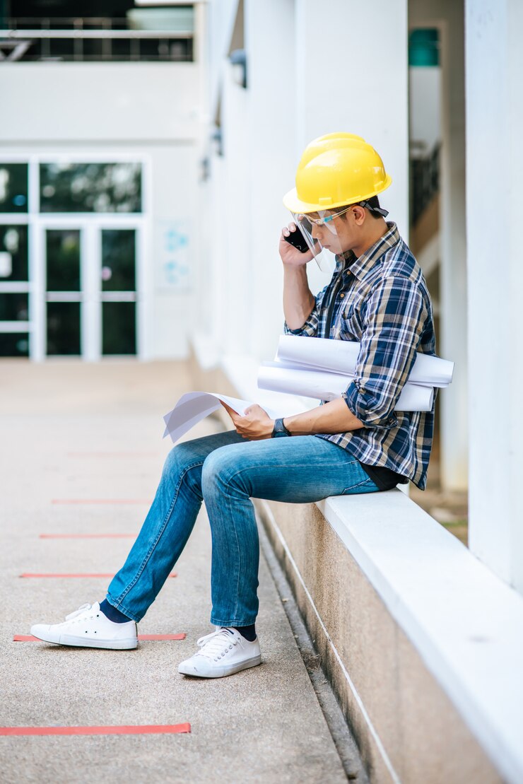 Free Photo architects hold floor plans and talk on the phone.