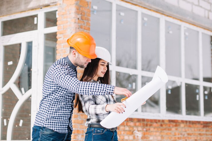 Architects looking at plan in front of house