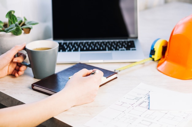 Architecture concept with laptop on workspace