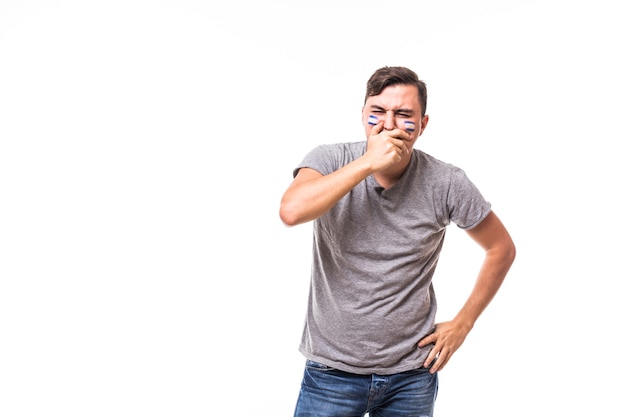 Argentina lose. Unhappy and Failure of goal or lose game emotions of Argentina football fan in game supporting of Argentina national team on white background. Football fans concept.