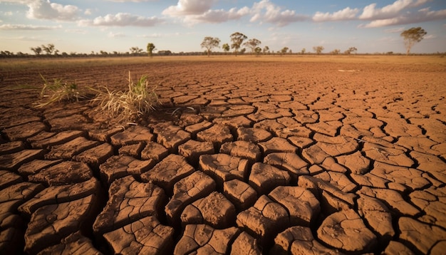 Free photo arid mud landscape broken tree sunset season generated by ai