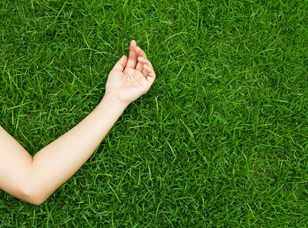 Рука лежит на зеленой траве