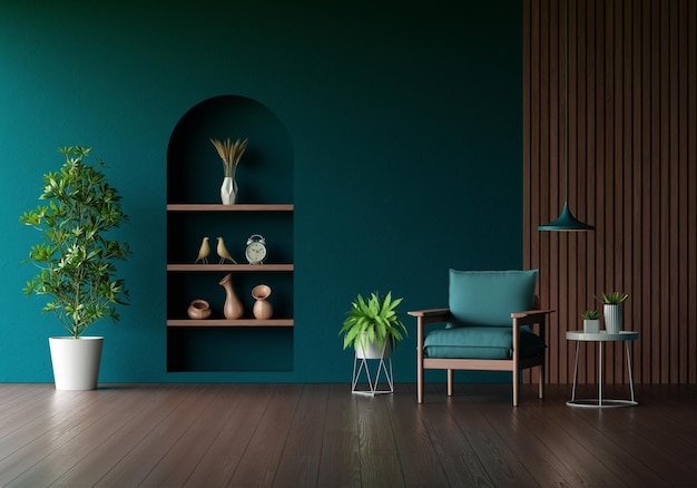Armchair in green living room with copy space