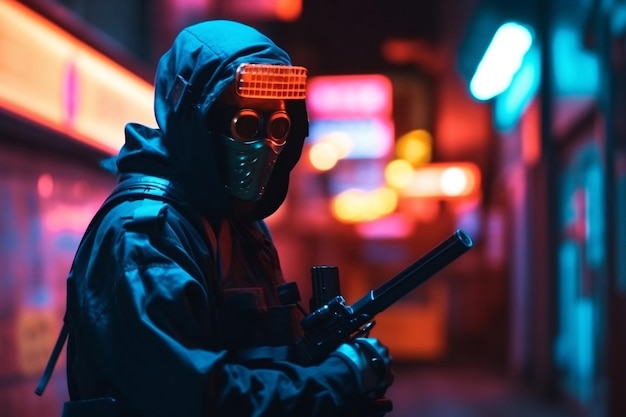 Вооруженный самурай и улица с размытыми неоновыми огнями ночью на фоне генеративного ИИ