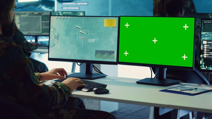 Free Photo army officer uses satellite radar footage and greenscreen in command post