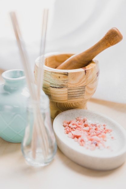 Free photo aroma salt near mortar and pestle