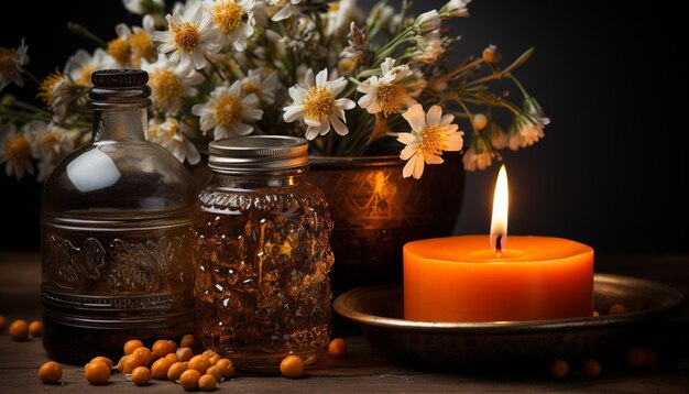 Foto gratuita la candela di aromaterapia porta il rilassamento con un trattamento di bellezza a base di erbe naturali generato dall'intelligenza artificiale