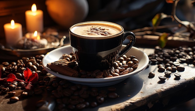Foto gratuita tazza di caffè aromatica su tavolo rustico con una rinfrescante spinta di caffeina generata dall'intelligenza artificiale