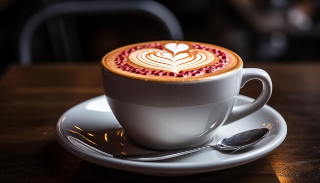 Foto gratuita caffè aromatico, cappuccino schiumoso, amore in una tazza a forma di cuore generata dall'intelligenza artificiale