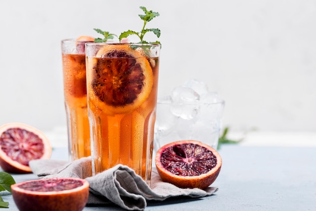 Aromatic fruit ice tea on table