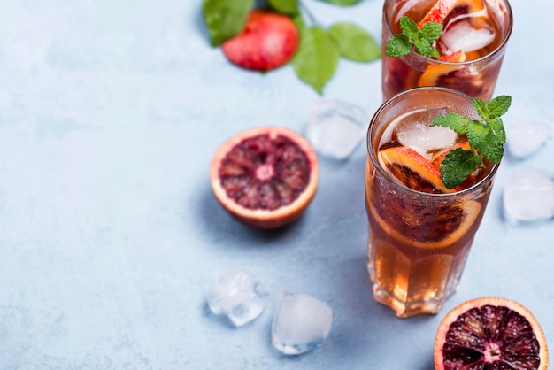 Aromatic fruit ice tea with copy-space