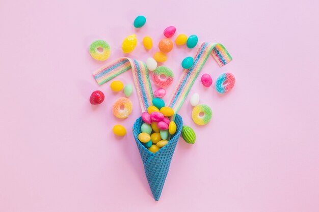 Arranged candies with waffle cone