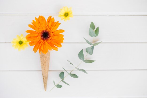 Arranged flower in waffle cone 