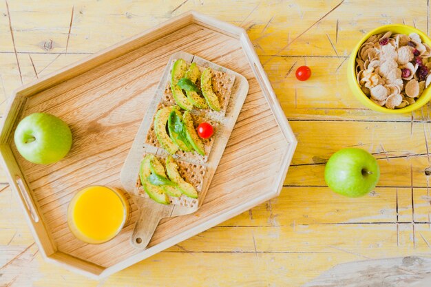 Arranged morning meal on wood