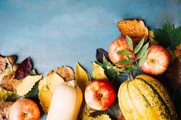 Arranged pumpkins and apples