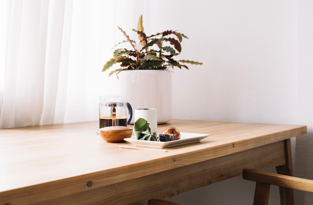 Arranged snack on wooden table