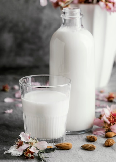 Arrangement of almond milk on the table