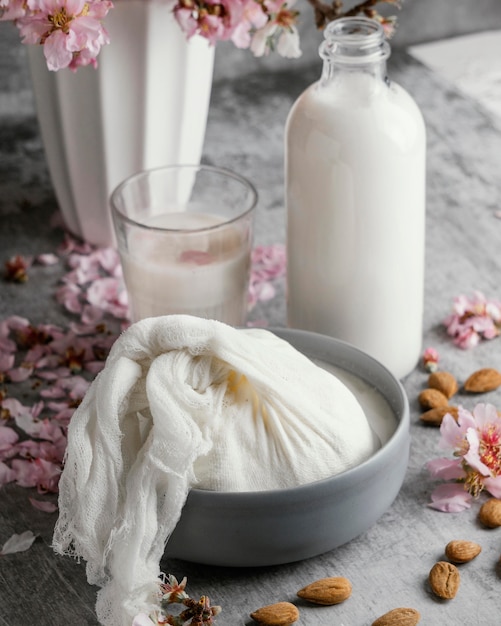 Arrangement of almond milk on the table