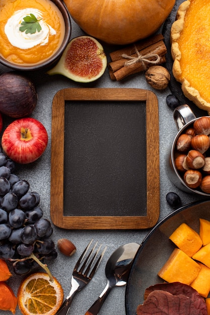 Arrangement of autumn food blackboard copy space