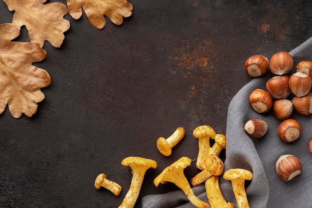 Arrangement of baked mushrooms with hazelnuts