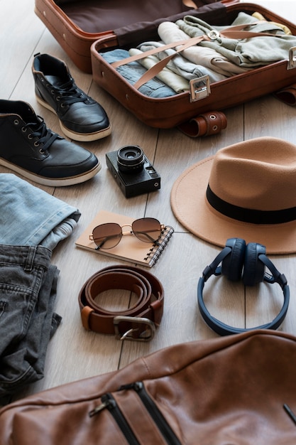 Arrangement of clothes and accessories in a suitcase