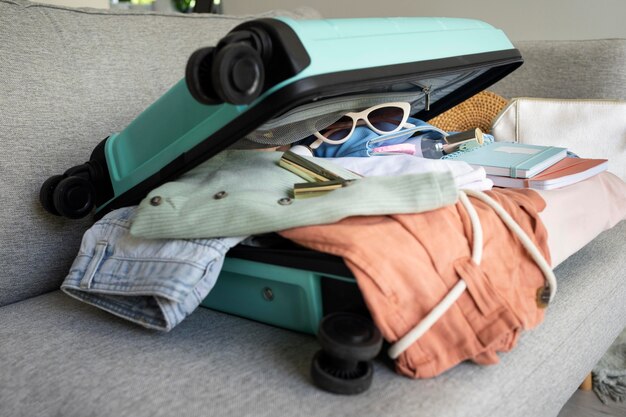 Arrangement of clothes and accessories in a suitcase
