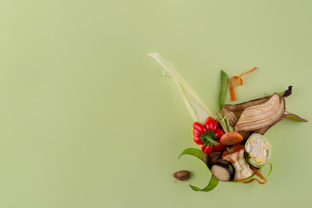 Arrangement of compost made of rotten food with copy space