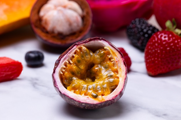 arrangement of delicious exotic fruits
