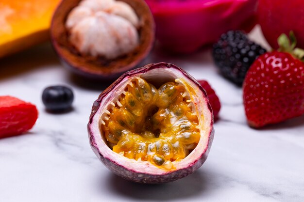 arrangement of delicious exotic fruits