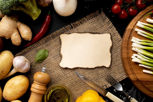 Arrangement of delicious fresh vegetables and empty burnt card