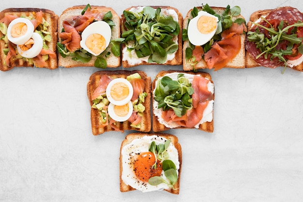 Arrangement of delicious sandwiches on white background