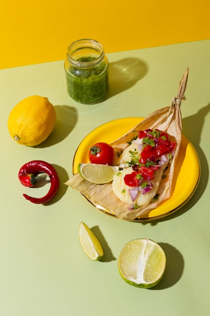 Arrangement of delicious tamales on plate