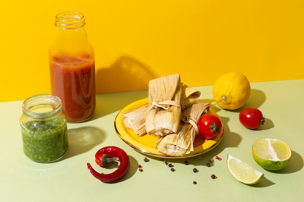 Arrangement of delicious tamales on plate