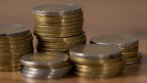 Arrangement of different coins close-up