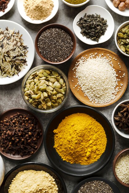 Arrangement of food powder and seeds in bowls