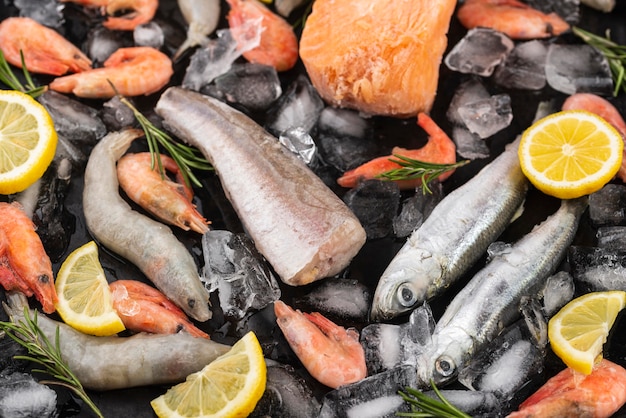 Arrangement of frozen sea food on the table