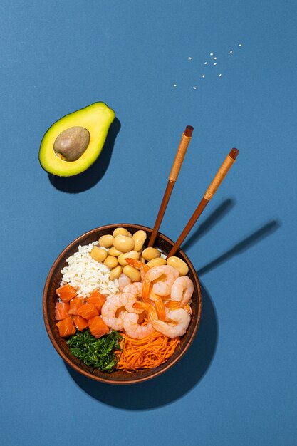 Arrangement of hawaiian poke bowl