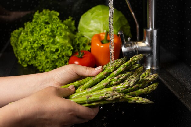 arrangement of healthy food being washed
