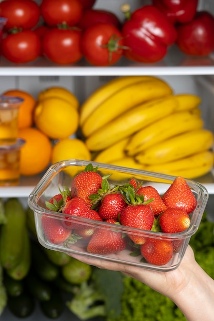 Arrangement of healthy food in the fridge