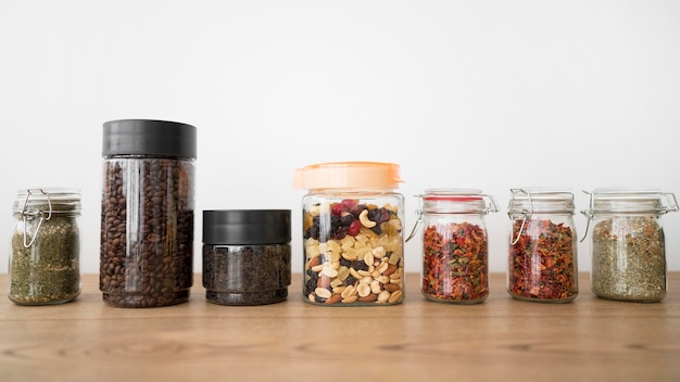 Arrangement of jars with different ingredients