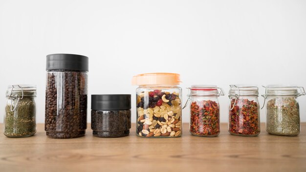 Arrangement of jars with different ingredients