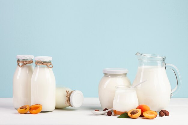 Arrangement of jugs and fruit