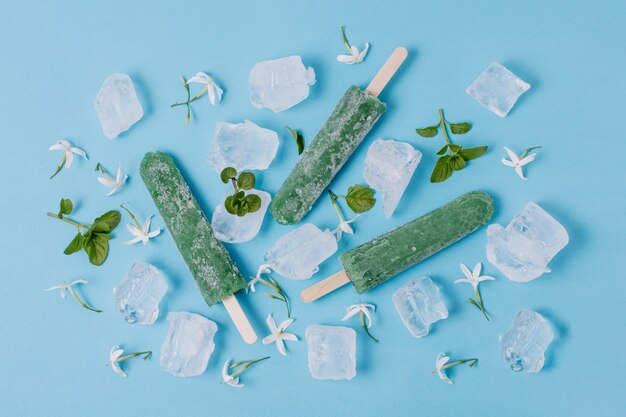 Arrangement of kiwi and mint popsicles and ice