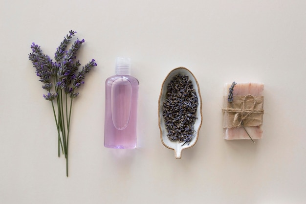 Arrangement of lavender spa natural cosmetics