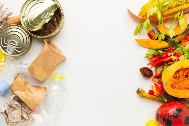 Arrangement of leftover wasted food cans and veggies