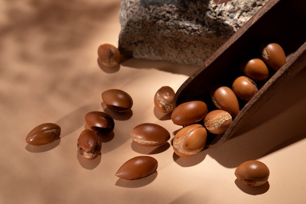 Arrangement of natural argan seeds