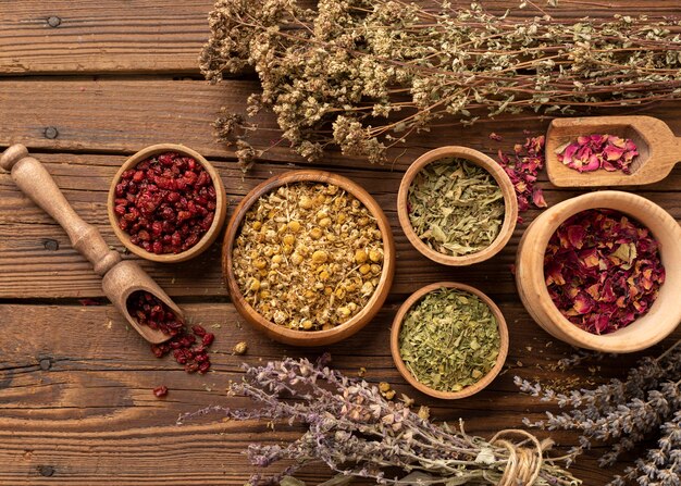 Arrangement of natural various herbs top view