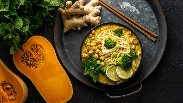 Arrangement of noodles on a table